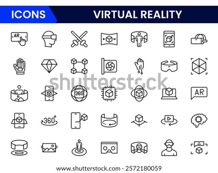 Virtual reality Icons vector illustrations with thin line contain headsets, immersive, avatar, augmented reality, controller, motion tracking, visualization, VR experience, projection.
