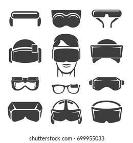 Virtual reality icons. Vr glasses, game simulation helmet and 3d headset device, vector illustration