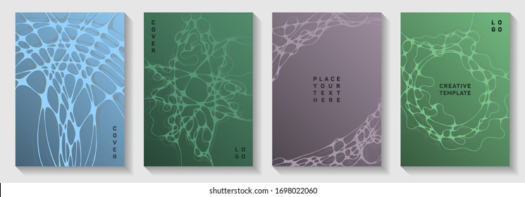 Virtual reality idea abstract vector covers. Crossed waves ripple backgrounds. Futuristic brochure vector templates. Science fiction cover pages graphic design set.