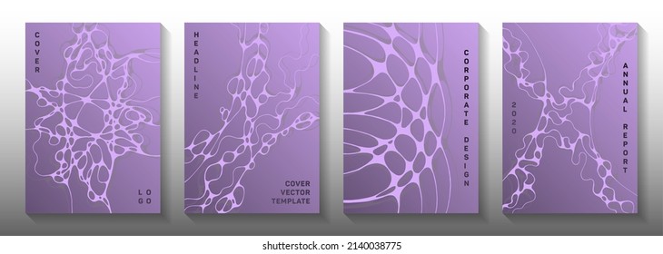 Virtual reality idea abstract vector covers. Fluid curve lines geometry backgrounds. Delicate brochure vector layouts. Engineering cover pages graphic design set.