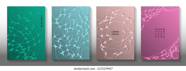 Virtual reality idea abstract vector covers. Complex waves fusion backdrops. Openwork title page vector templates. Hi tech cover pages graphic design set.