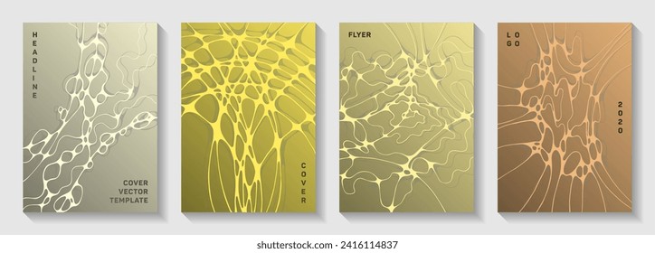 Virtual reality idea abstract vector covers. Rounded waves weave backgrounds. Abstract banner vector layouts. Radio physics cover pages graphic design set.