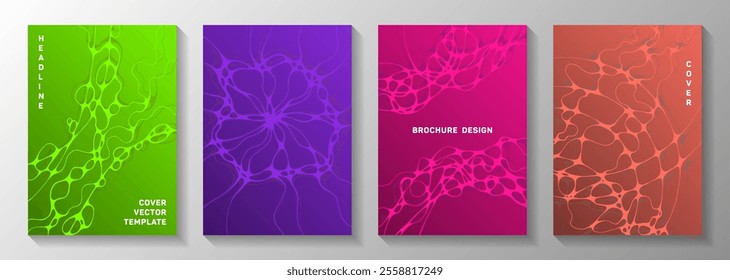 Virtual reality idea abstract vector covers. Marble curve lines plexus textures. Abstract title page vector layouts. Science fiction cover pages graphic design set.