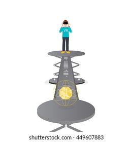 Virtual reality illustration. Happy guy playing games.Flat vector concept illustration of virtual reality helmet for vr game.