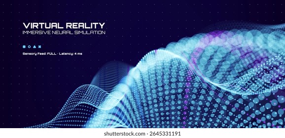 Virtual reality immersive neural simulation tech science vector background with abstract blue digital waves and purple dots. Vector graphics. 