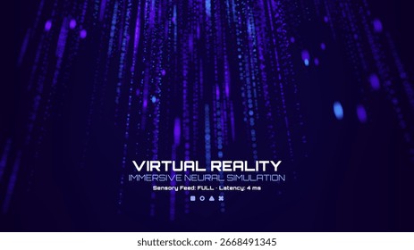 Virtuelle Realität immersive neurale Simulation, Vektorhintergrund. Digitaler Datenfluss in einer futuristischen virtuellen Welt. Wissenschafts- und Technologiekonzept