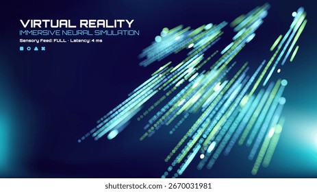 Virtuelle Realität immersive neuronale Simulationsanzeige mit Datenstrom. Modernes technologisches Hintergrunddesign für das Konzept der digitalen Welt.