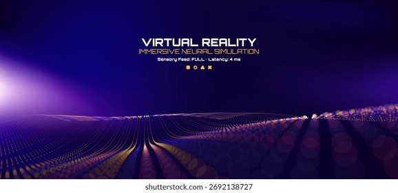 Virtual reality immersive neural simulation display with data stream. Metaverse and cyber world technology. Digital communication concept.