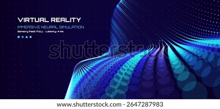 Virtual reality immersive neural simulation display. Abstract digital wave of glowing particles. Computer network data flow concept.