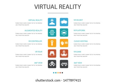 virtual reality Infographic 10 option concept.VR helmet, Augmented reality, 360° view, VR controller simple icons