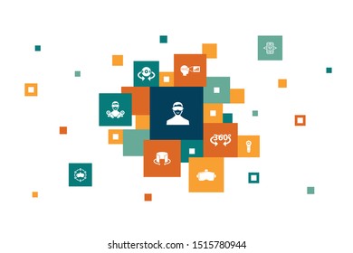 virtual reality Infographic 10 steps pixel design.VR helmet, Augmented reality, 360 view, VR controller icons