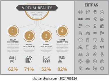 Virtual reality infographic template, elements and icons. Infograph includes numbered customizable charts, line icon set with virtual reality glasses, vr technology, video games, tech app etc.