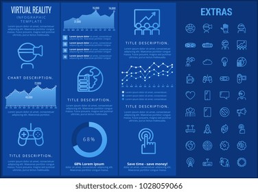 Virtual reality infographic template, elements and icons. Infograph includes customizable graphs, charts, line icon set with virtual reality glasses, vr technology, video games, tech app etc.