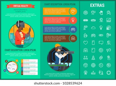 Virtual reality infographic template, elements and icons. Infograph includes customizable graphs, charts, line icon set with virtual reality glasses, vr technology, video games, tech app etc.