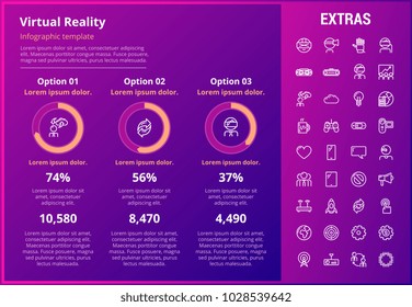 Virtual reality infographic template, elements and icons. Infograph includes customizable graphs, three options, line icon set with virtual reality glasses, vr technology, video games, tech app etc.