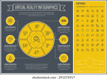 Virtual Reality infographic template and elements. The template includes the following set of icons - Virtual reality headset, gaming, robotic hand, global, smartphone and more. Modern minimalistic