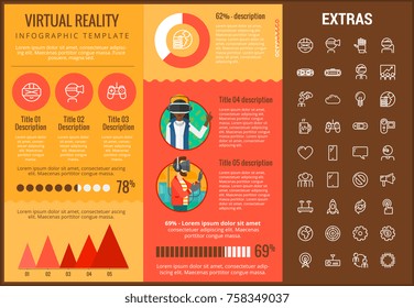 Virtual reality infographic template, elements and icons. Infograph includes customizable graphs, charts, line icon set with virtual reality glasses, vr technology, video games, tech app etc.