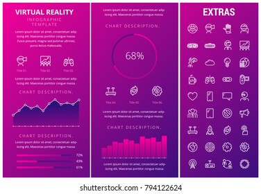 Virtual reality infographic template, elements and icons. Infograph includes customizable graphs, charts, line icon set with virtual reality glasses, vr technology, video games, tech app etc.