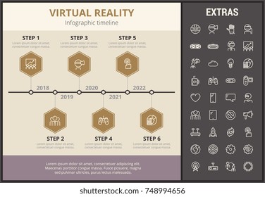 Virtual reality infographic timeline template, elements and icons. Infograph includes step number options, line icon set with virtual reality glasses, vr technology, video games, tech app etc.