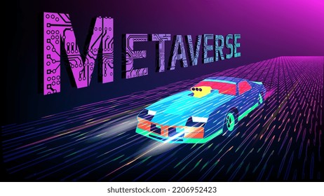 Virtual Reality inscription perforated with PCB tracks and futuristic car driving on digital road on purple background. Vector illustration in perspective projection.