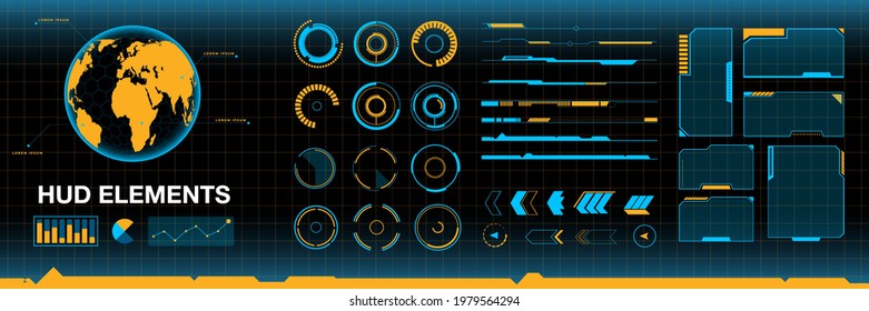 Virtual Reality Inteface | Set of Sci-fi Menu Elements | Hud parts for screen | Aim, grid, frames and arrows