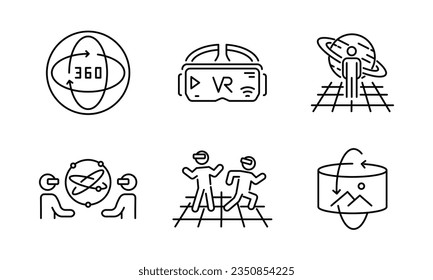 Virtual reality isolated line icons. Gaming, augmented reality icons set. Web site, logo, app design. Editable stroke. Vector illustration 