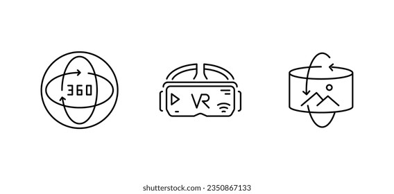 Virtual reality isolated line icons. 360 degree, panoramic view, augmented reality icons set. Web site, logo, app design. Editable stroke. Vector illustration 
