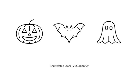 Virtual reality isolated line icons. Pumpkin, bat, ghost icons set. Web site, logo, app design. Editable stroke. Vector illustration 