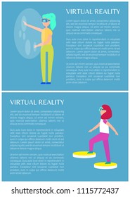 Virtual reality isolated on bright blue image vector illustration visualize vr technology, women in special equipment on head, alternative world card