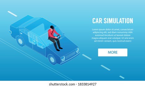 Virtual reality isometric horizontal banner with man using car driving simulator 3d vector illustration