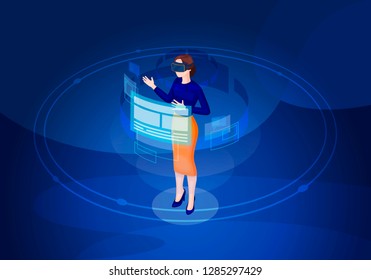 Virtual reality isometric vector illustration. VR interface and navigation. Futuristic digital technology. Virtual screen.