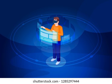 Virtual reality isometric vector illustration. VR interface and navigation. Futuristic digital technology. Virtual screen. 
