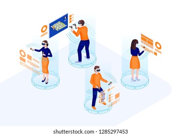 Virtual reality isometric vector illustration. VR, AR players. Futuristic digital technology. Virtual interface and navigation.