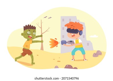 Virtual Reality And Kids Play Fight Game Vector Illustration. Cartoon Boy Gamer Character In Vr Glasses Holding Gun To Kill Zombie Monster, Online Competition Of Children Players Isolated On White