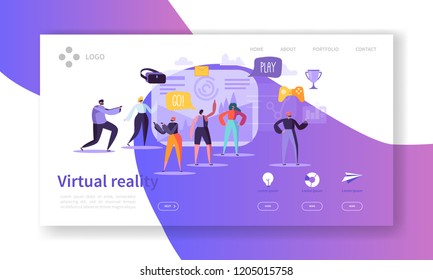 Virtual Reality Landing Page. Augmented Reality Banner with Flat People Characters Website Template. Easy to edit and customize. Vector illustration