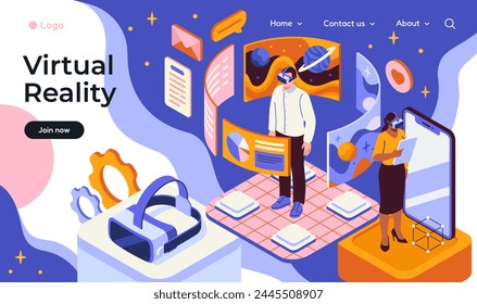 Realidad virtual. Landing page con gafas de realidad aumentada y gente aprendiendo y entreteniendo en metaverso. Tecnologías innovadoras y RV. Diseño de Sitio web. Ilustración vectorial isométrica de dibujos animados