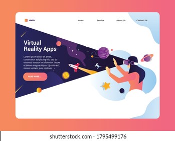 Virtual Reality landing page concept illustration with girls wearing VR box and galaxy showed up with interactive experience