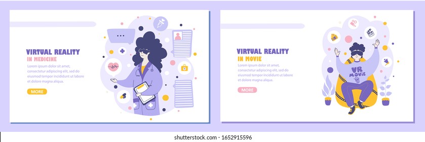 Virtual reality landing page flat vector template set.