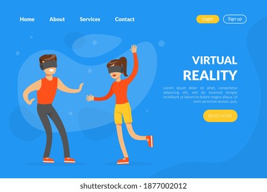 Plantilla de página de inicio de realidad virtual, aprendizaje y entretenimiento de personas con vidrio de realidad aumentada virtual Ilustración de vectores de dibujos animados