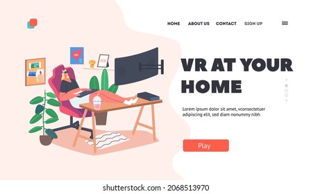 Virtual Reality Landing Page Template. Gamer Girl with Keyboard in Hands and VR Glasses Playing Computer Games with Desktop and Equipment. Teenager Character Gaming. Cartoon People Vector Illustration