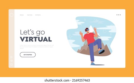Plantilla de página de inicio de realidad virtual. Joven con simulador en el ciberespacio usando gafas de VR para escalar montaña. Simulación de experiencia extrema, diversión, realidad aumentada. Ilustración del vector de dibujos animados