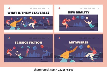 Virtual Reality Landing Page Template Set. Metaverse Digital Technology Concept. People Wear VR Glasses And Headset, Connected Characters Immersion into Cyberspace. Cartoon People Vector Illustration