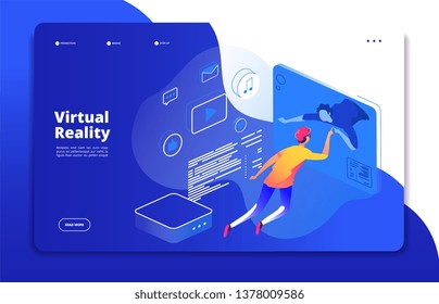 Virtual reality landing. People digital mobile entertainment  