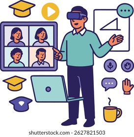 Virtual Reality Learning Vector Illustration, Isolated on White Background