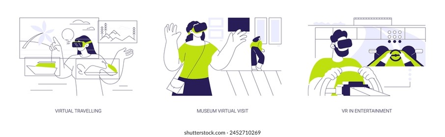 Virtual Reality und Freizeit abstrakte Konzept Vektorillustration Set. Virtuelles Reisen, virtueller Museumsbesuch, VR in Unterhaltung, moderne Technik, Spiel in VR-Brille abstrakte Metapher.