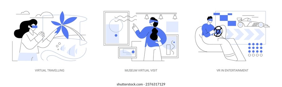 Virtual reality and leisure time isolated cartoon vector illustrations set. Virtual travelling, museum virtual visit, VR in entertainment, modern technology, play game in VR glasses vector cartoon.