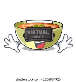 Virtual reality lentil soup on character wooden table