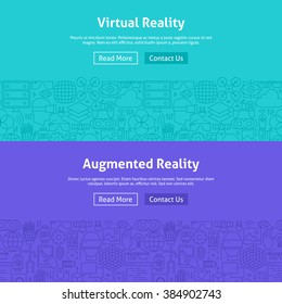 Virtual Reality Line Art Web Banners Set. Vector Illustration for Website banner and landing page. Augmented Reality Modern Design.