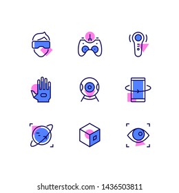 Virtual reality - line design style icons set. Images of Vr glasses, gloves, controller, 360 panorama, phone rotation, 3d cube, head in goggles, headphones, eye, joystick. Modern technologies concept
