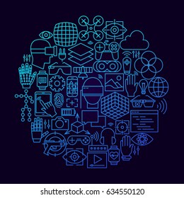Virtual Reality Line Icon Circle Concept. Vector Illustration of Technology Augmented Reality Objects.